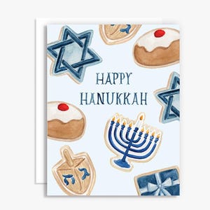 Carte de voeux aquarelle Happy Hanoukka cookie - carte Hanukkah aquarelle - carte de vacances aquarelle cookie - carte Hanoukka menorah