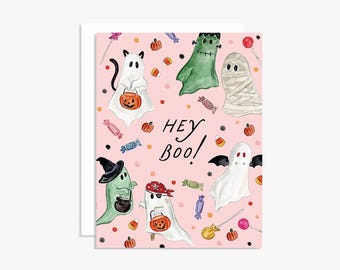 Hey Boo! Halloween Card – Cute Ghost Card, Funny Spooky Greeting, Halloween Stationery, Trick or Treat Ghosts, Pink Halloween Card