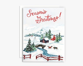 Season's Greetings Winter Mountain Scene Greeting Card  - Holiday Greeting Card - Watercolor Card - Farm Christmas - Cottage Christmas