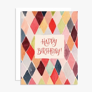Cartão de feliz aniversário com letras coloridas de diamante feito à mão - Cartão de aquarela de arco-íris - Cartão de aniversário alegre - Cartão de aniversário de aquarela
