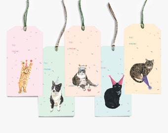 Party Cats Birthday Gift Tags - Watercolor Pet Portraits - Festive Gift Wrap