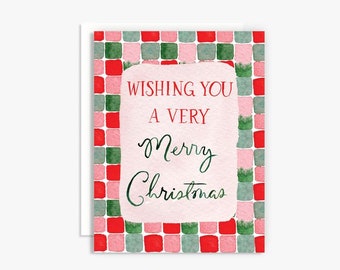 Wishing You A Very Merry Christmas Watercolor Checker Greeting Card  - Holiday Greeting Card - Watercolor Card -