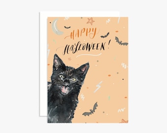 Happy Halloween Black Cat with Bats Greeting Card - Classic Halloween - Hand Lettering