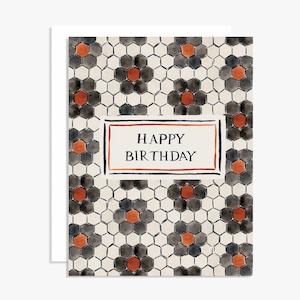Cartão de Feliz Aniversário com Padrão de Hexágono e Centavo em Aquarela - Cartão de Aniversário Elegante - Cartão de Aniversário Alegre - Cartão de Aniversário em Aquarela