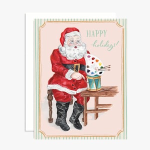SALE Santa&#39;s Workshop Christmas Card - Vintage Inspired Holiday Card - Watercolor Santa