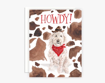 Howdy Watercolor Cowboy Goldendoodle Dog Greeting Card - Everyday Card - Friendship Card