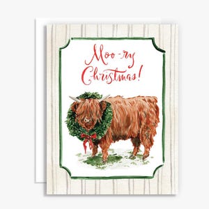 Cartão de felicitações de vaca das Terras Altas de Natal Moor-y - Trocadilhos de Natal - Cartão de Natal em aquarela - Natal de vaca - Natal do sul