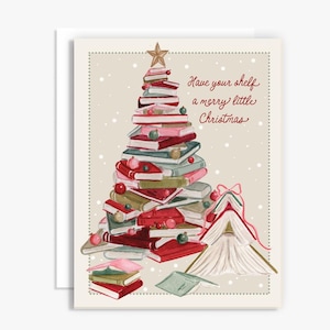 Have Your Shelf A Merry Christmas Book Tree Card - aquarel kerstkaart - cadeau boekenliefhebber - boekenliefhebber kerstvakantie wenskaart