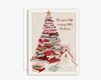 メリークリスマスのブックツリーカードをあなたの本棚に - 水彩画のクリスマスカード - 読書好きへのギフト - 読書好きへのクリスマスホリデーグリーティングカード
