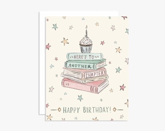 Here's To Another Chapter Book Birthday Card - Book Lover Card - Books - Bookworm - Birthday Watercolor Card