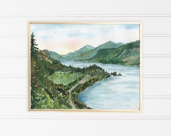 May include: Watercolor painting of a landscape with a river winding through green hills and a vineyard in the foreground. The sky is a soft blue with a hint of pink.