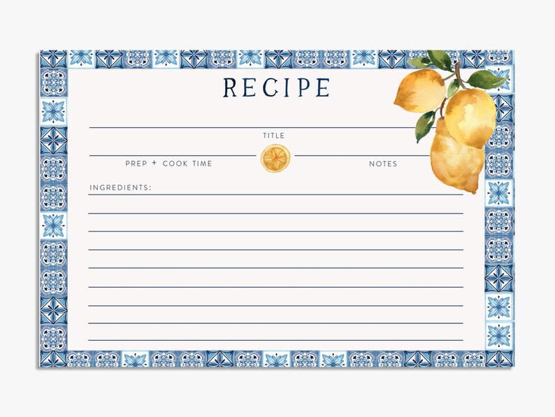 Amalfi Coast Mediterranean Tile Inspired Recipe Cards Recipe Book Cards Family Recipe Cards Keepsake Recipe Cards Lemon Recipe Cards image 2