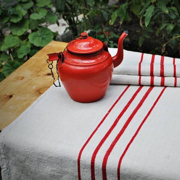 Vintage grain sack table runner - Red stripes - European hemp handwoven fabric