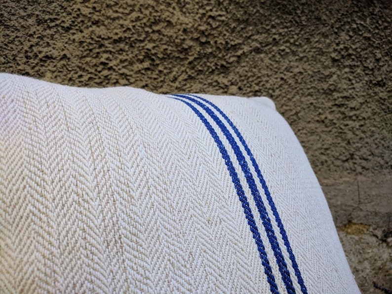 Vintage Authentic Grain Sack Pillow Cover Antique linen Blue stripes Handwoven fabric Handmade Grainsack Pillow Sham