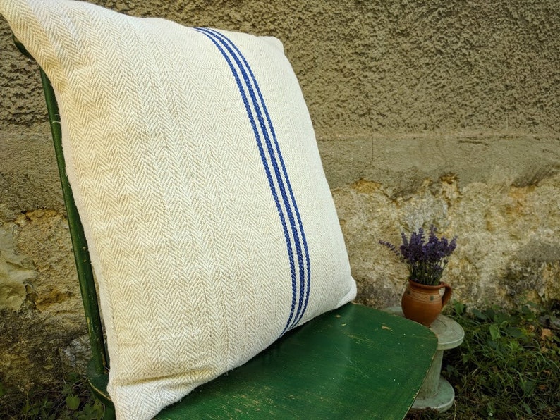 Vintage Authentic Grain Sack Pillow Cover Antique linen Blue stripes Handwoven fabric Handmade Grainsack Pillow Sham