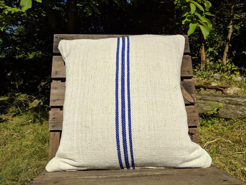 Vintage Authentic Grain Sack Pillow Cover Antique linen Blue stripes Handwoven fabric Handmade Grainsack Pillow Sham