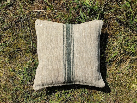 Vintage Authentic Grain Sack Pillow Cover  Antique linen  Blue stripes  Handwoven fabric Handmade Grainsack Pillow Sham