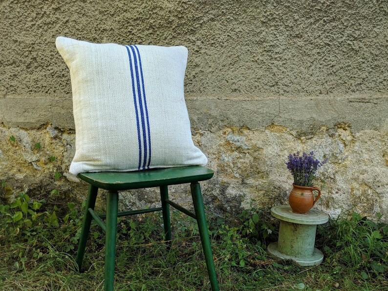 Vintage Authentic Grain Sack Pillow Cover Antique linen Blue stripes Handwoven fabric Handmade Grainsack Pillow Sham
