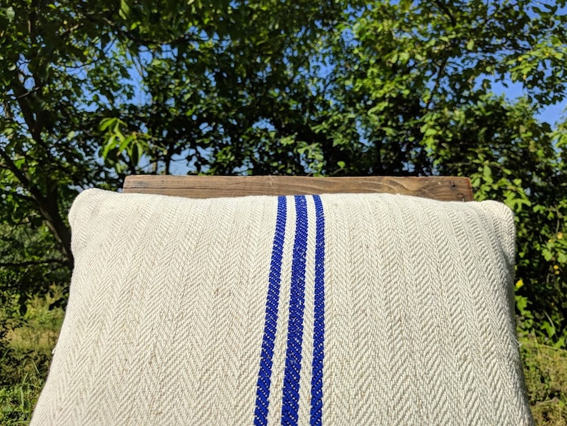 Vintage Authentic Grain Sack Pillow Cover Antique linen Blue stripes Handwoven fabric Handmade Grainsack Pillow Sham