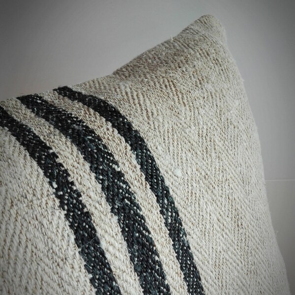 Vintage Authentic Grain Sack Pillow Cover / Antique linen /Black Stripes / Handwoven fabric /Handmade Grainsack Pillow Sham - 18''x24''