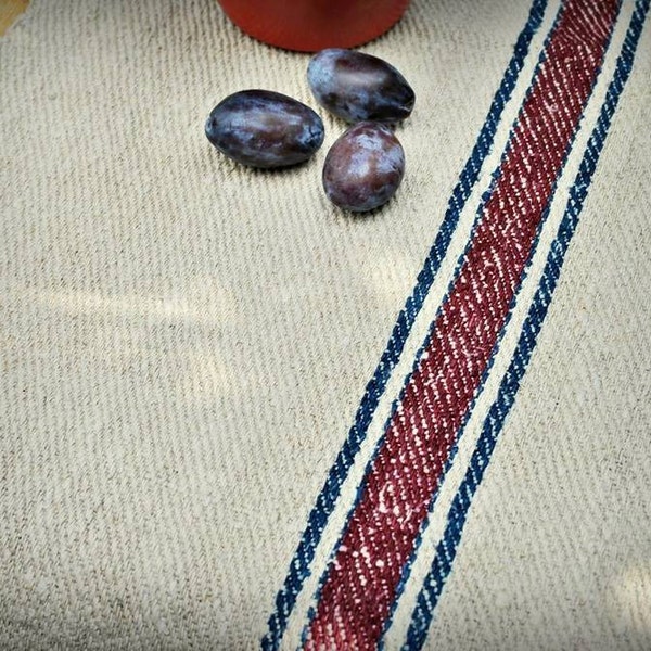 Vintage grain sack table runner - burgundy and navy blue stripes - European hemp handwoven fabric