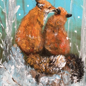 Süße Füchse in der Wintersaison. Original Acrylgemälde. Leinwand original art. Fuchsmalerei.