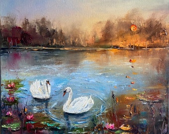 Twilight Grace: The Swan Duo. Original Oil on Canvas.