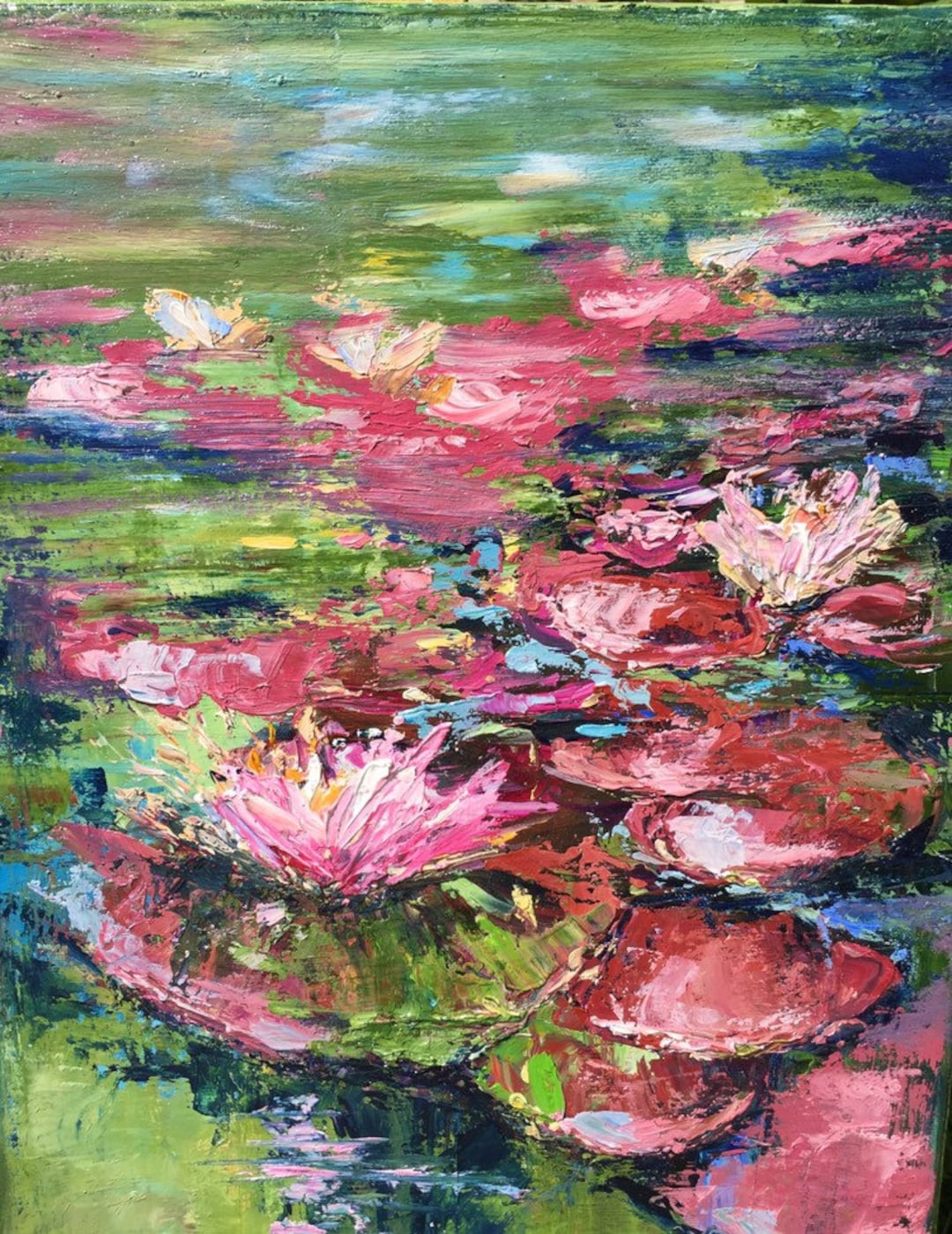 オリジナルの油絵。睡蓮。神秘と美しさ。印象派。現代アート