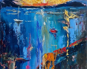 Original Abstract Seascape Oil Painting – &#39;Sunset Blue Lagoon&#39; – 16x12in Palette Knife Art, Modern Coastal Decor.