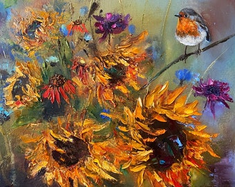 Robin and Sunflowers. Autumn serenade. ORIGINAL OIL PAINTING. Art for your home. 40cm x40cm