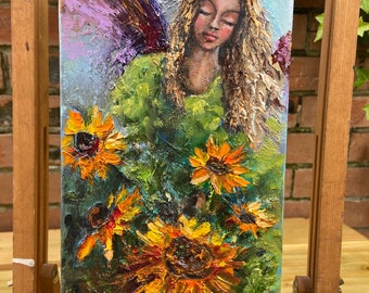 Angel with Sunflowers. Original Oil Painting. Canvas box 15cmx30cm.Angel art. Angel gift.