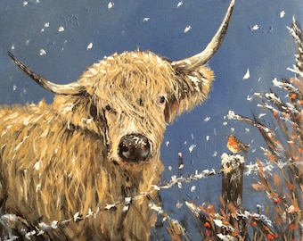 Highland cow print. Winter scene. Scottish cow art. Home decoration.