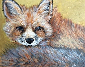 Original acrylic painting on canvas board of a lovely little fox. Fox painting.Baby fox painting.