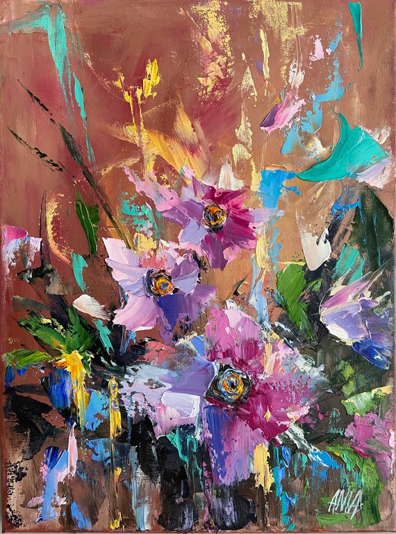 花の抽象画 油彩 花の抽象画 油彩 さわやかな朝。花の抽象画。キャンバスに描いた