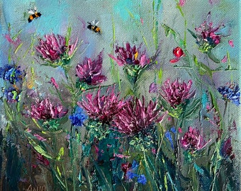 Thistles and bees. Summer collection. Original Oil Painting. Canvas 20cm x20cm.