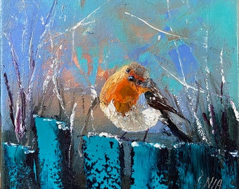 Cute Robin. ORIGINAL OIL PAINTING. Art for your home. 20cm x20cm.