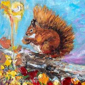 A lovely squirrel , an original painting canvas 20cm x 20 cm.