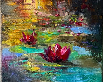 Water lilies magic. ORIGINAL Oil painting on canvas. Mystery and Magic World.Fine art.