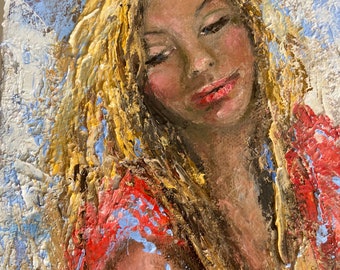 Original Angel Oil Painting: Celestial Serenity Palette Knife Art (15x30cm)