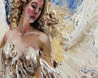 Angel Oil Painting: Palette Knife Art, Signed Canvas (15x30cm)