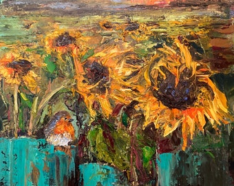 Robin and Sunflowers. Morning Dance of Sunflowers. ORIGINAL OIL PAINTING. Art for your home. 40cm x30cm