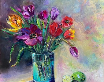 Springtime Elegance:Tulips with a twist of lime. Stretched canvas. Oil painting. 16in x16in