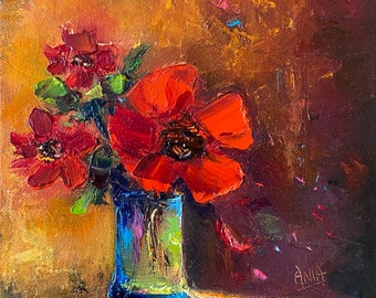 Floral art. Red bloom . Oil Painting. Stretch Canvas.