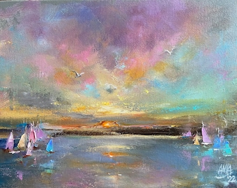Kaleidoscope of Summer Shades: Sailing Delight. ORIGINAL Oil Painting.Canvas.Gallery wall. Contemporary art.