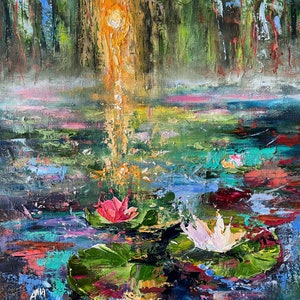 印象派 油彩画 睡蓮 約70cm x 50cm 絵画