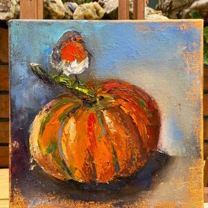 Cute Robin on the pumpkin. ORIGINAL OIL PAINTING. Art for your home. 20cm x20cm.