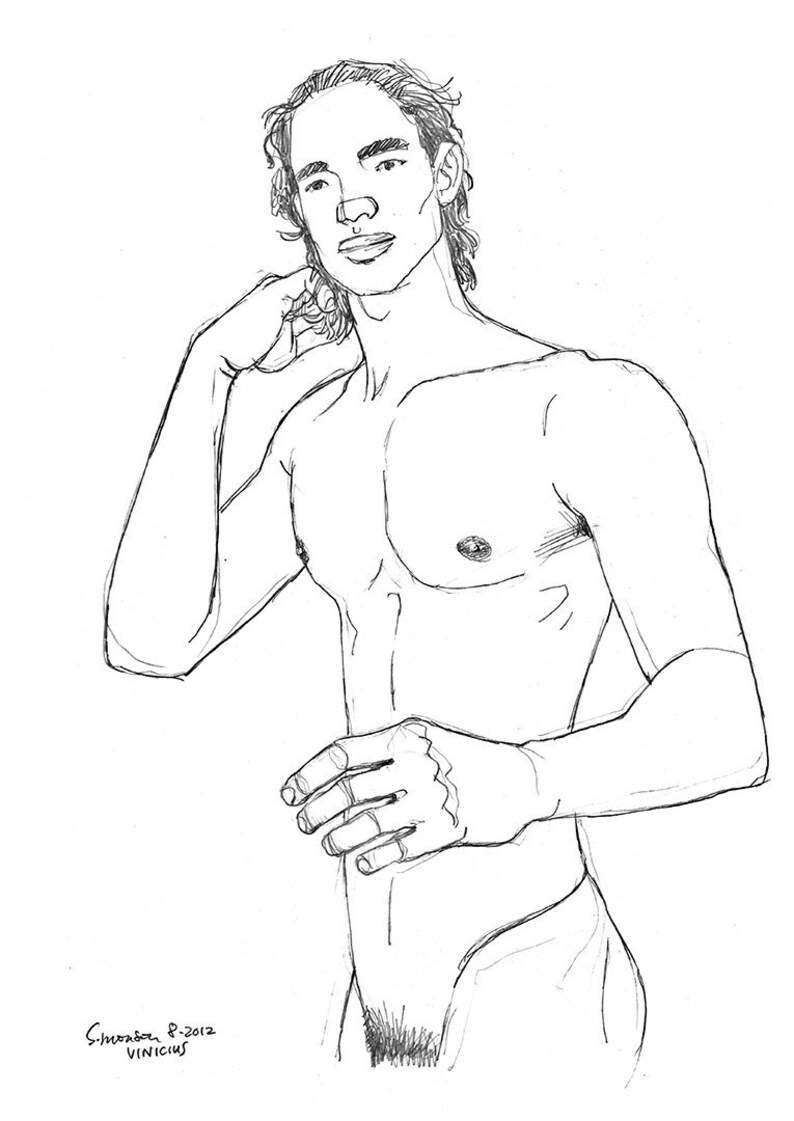 Mature 11x17 Original Pencil Drawing 1120842 Brazilian Male Nude with Long Hair