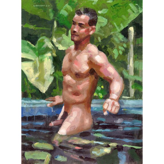 Tropical Pool, 24x32 Original Male-Nude Acrylic Painting on Canvas (Mature)...