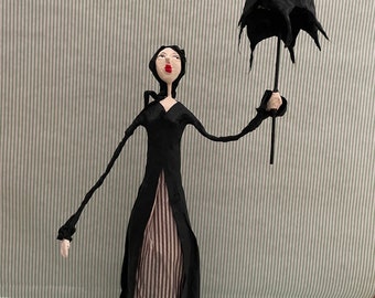 Bottle lady, paper mache, female figure, lady with umbrella