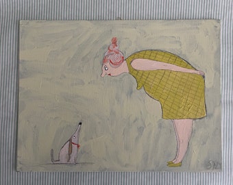 Acrylbild auf Malpappe, Frau mit Hund, Begegnung